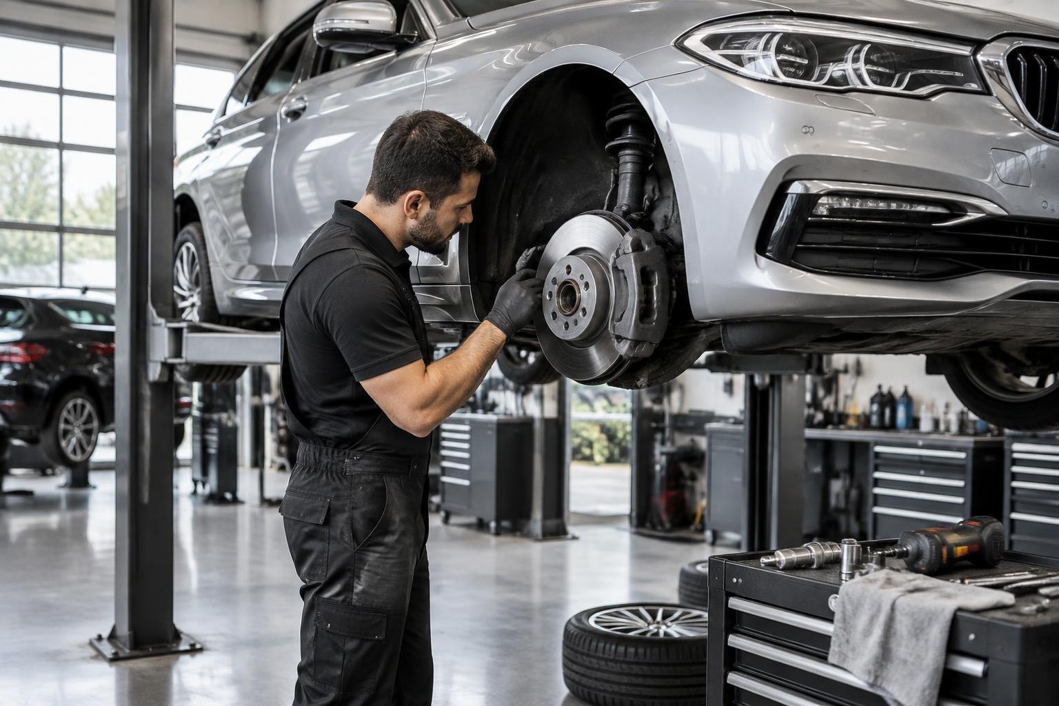 Mechanic carrying out brake maintenance